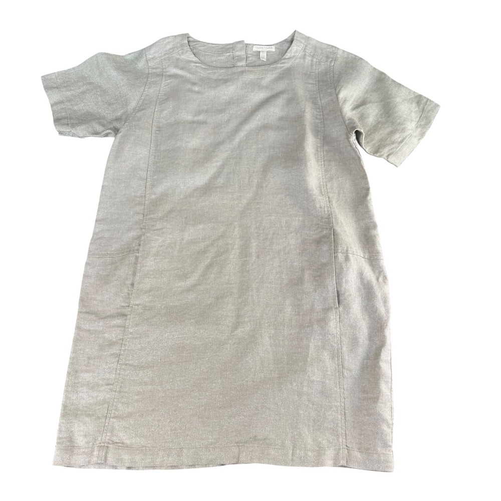 Eileen Fisher Petite Silver Metallic Organic Linen Shift Dress PM PM/PM S18TGW